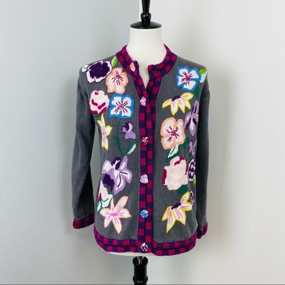 Storybook Knits Beautiful Colorful Whimsical Floral Knit Cardigan Small